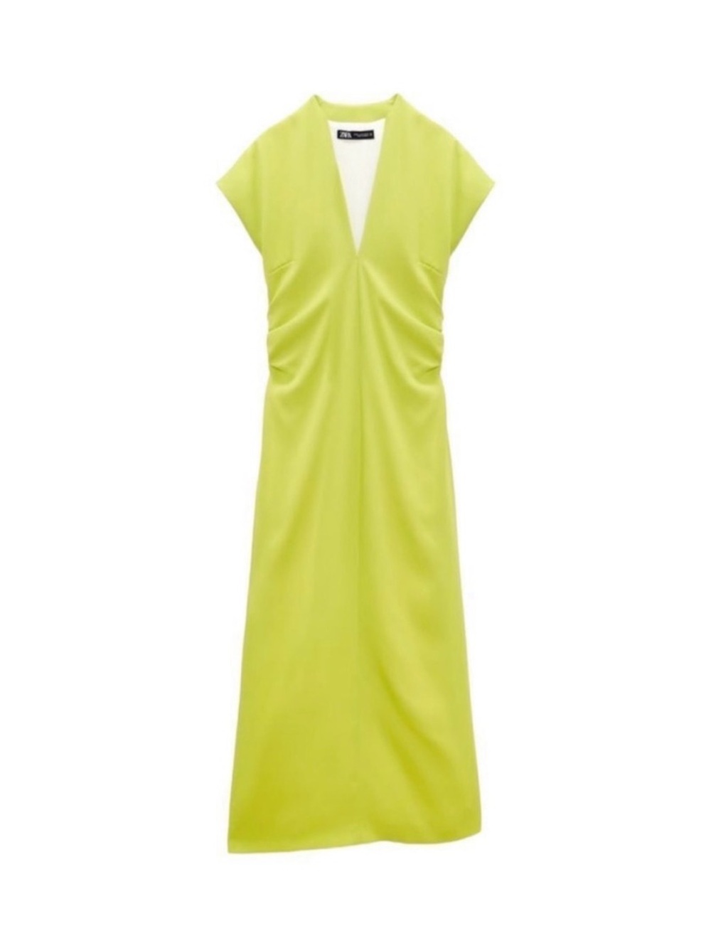 Lime Green V-Neck Ruched Waist Midi Dress - Picture 2 of 8